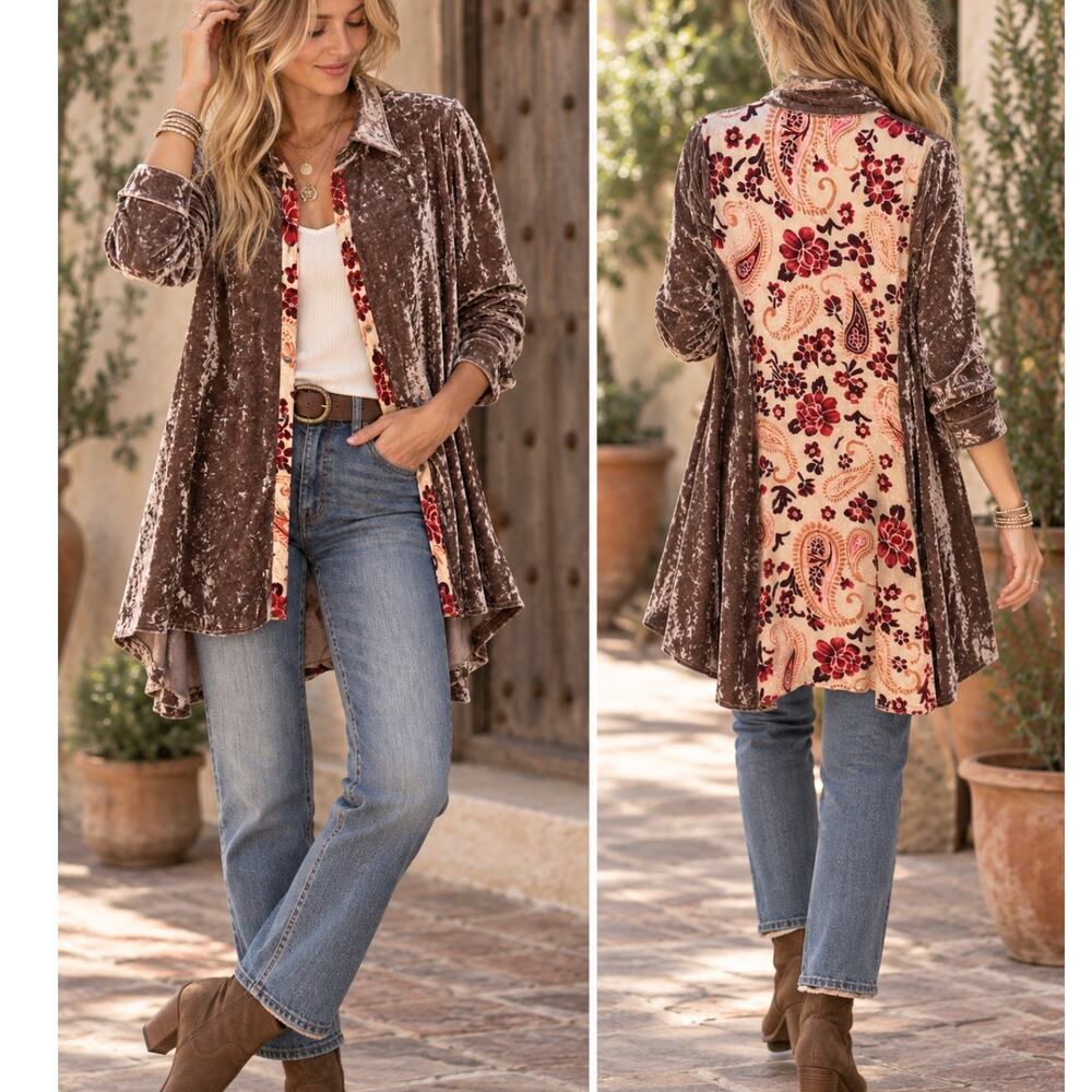 Adore Velvet Tunic Top Floral Paisley Art to Wear Boho Indie Mixed Media Size S